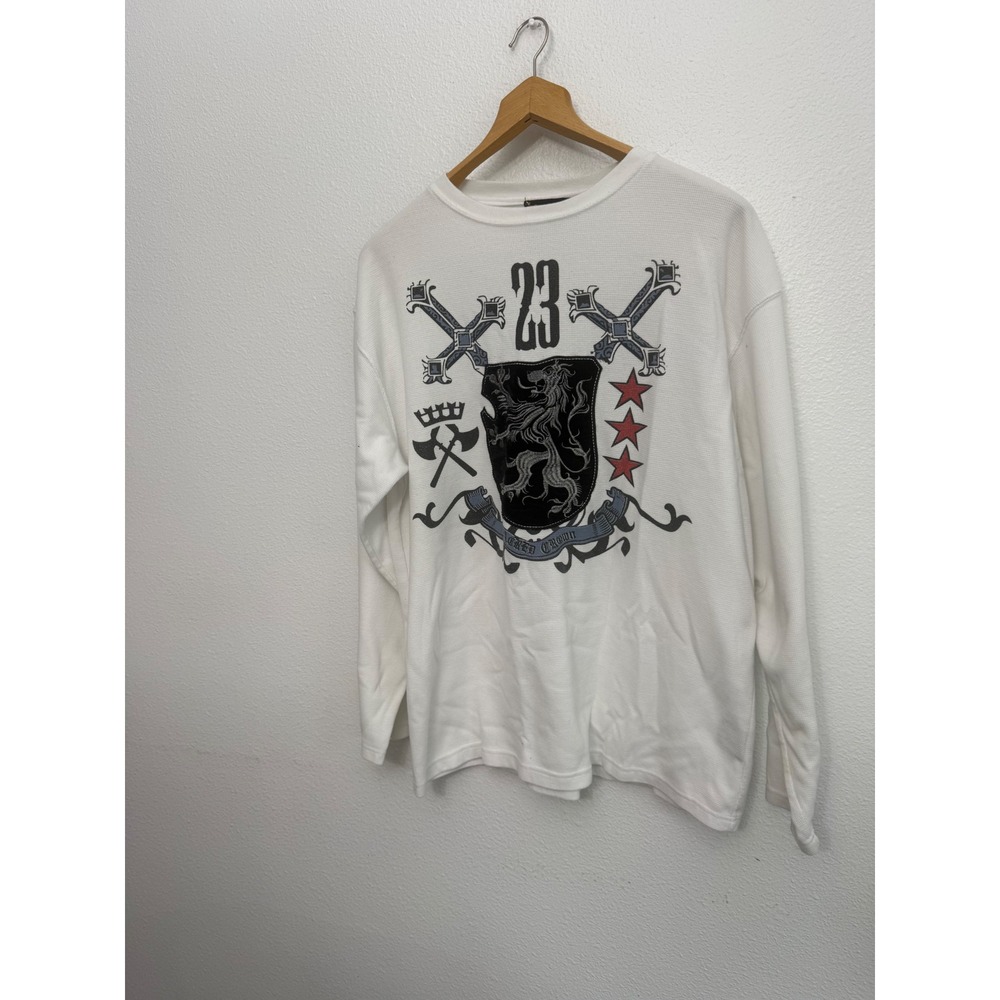 Sacred Crown Mens XL White Thermal Shirt Long Sleeve Y2K Graphic Crest Waffle